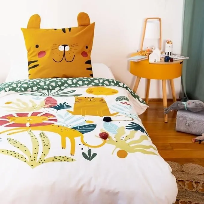Parure de lit Enfant Réversible Lion Vert et Jaune Housse de Couette 140x200cm + 1 taie d'oreiller 63x63cm 100% Coton-1