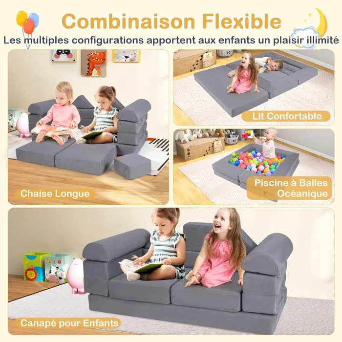 COSTWAY Canapé Bebe Modulaire pour 2 Enfants 9 Pièces, Convertible en Mousse, pour Grimper et Ramper, Tissu en Daim, Gris-1