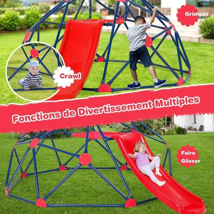 COSTWAY Dôme d'escalade avec Toboggan 241,5 x 183 x 91,5 CM, Cadre en Métal Robuste, Jouet Extérieure pour Enfants 3-10 Ans Rouge-2