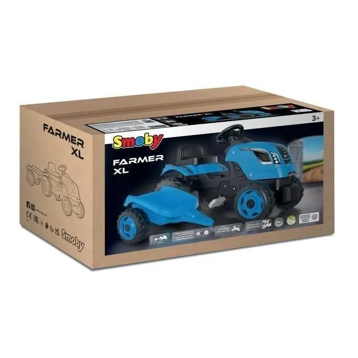 Tracteur à pédales Farmer XL + Remorque - Bleu - SMOBY - Siège ajustable - Capot ouvrant - Klaxon - 90% plastique recyclé-4