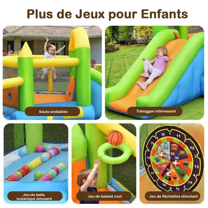 COSTWAY Château Gonflable avec Ventilateur 480W,Toboggan,Grande Zone de Saut,Piscine à Balles Océaniques,Panier de Basket,Sac-1
