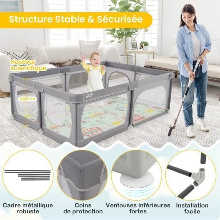 COSTWAY Parc Bébé avec Tapis Pliable en XPE sans BPA Tissu Oxford 206×147×68,5cm 2 Compartiments 50 Balles Océaniques Sac Gris Foncé-3
