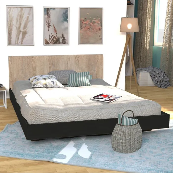 Lit double - LEQUAIDESAFFAIRES - LOFT 160x200 - Noir & chêne blanchi - A lattes - Classique - Intemporel-0