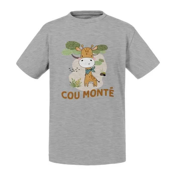T-shirt Enfant Gris Girafe Cou Monté Humour Dessin Illustration-0