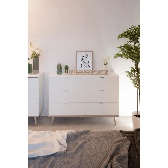 Commode Göteborg 6 tiroirs - Décor chêne sonoma Blanc - L 120 x P 40 x H 86,5 cm-1
