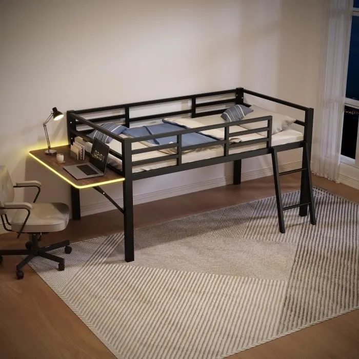Lit mezzanine enfant - DREAMMESPACE - 90x200 cm - Métal Noir - Bureau pliable - LED télécommandé-0