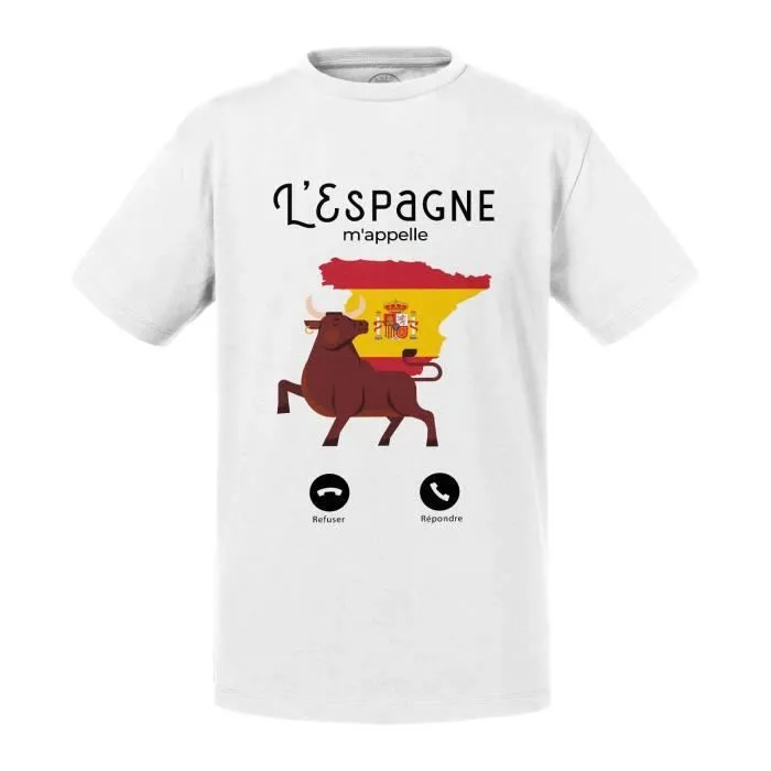 T-shirt Enfant Blanc L'Espagne M'Appelle Drapeau Taureau Corrida-0