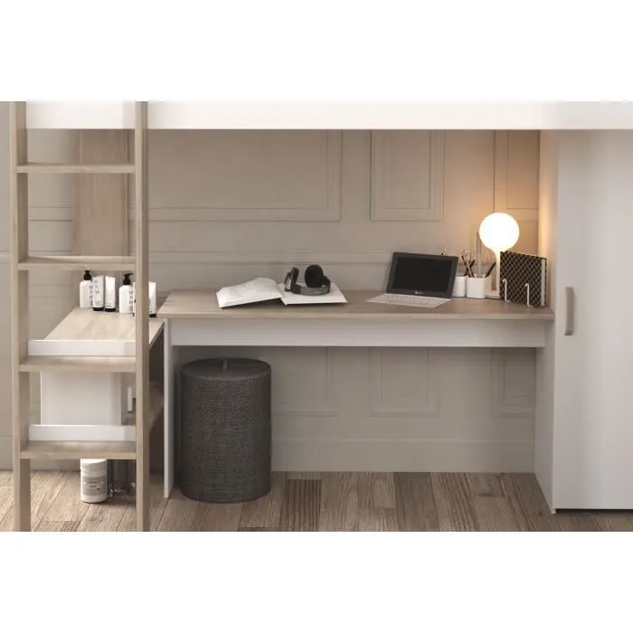 Lit double mezzanine combiné enfant ALEXANDRA avec 2 bureaux et rangements - 2x90x200 cm - Blanc/Chêne - Sommiers inclus - PARISOT-4