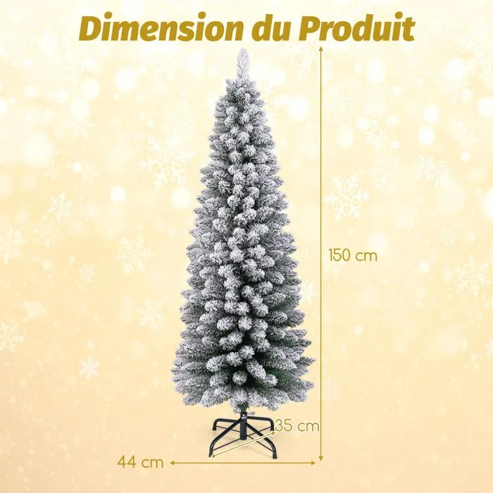 Sapin de Noël Artificiel 150 cm COSTWAY, Floqué de Neige, Support en Métal Pliable, 328 Branches, Forme Fine, pour Petits Espaces-3