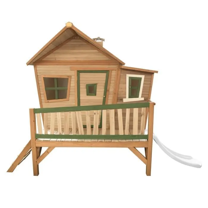 Maisonnette pour enfants avec toboggan AXI Emma en bois blanc, marron et vert-0