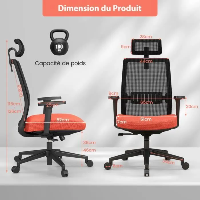 COSTWAY Fauteuil de Bureau Ergonomique, Hauteur d'assise Réglable 36-46 cm, avec Soutien Lombaire, Appui-Tête 3D, Charge Max. 180kg-3