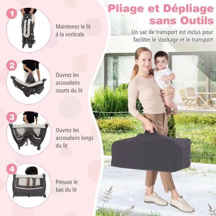 Lit Parapluie Bébé Pliant COSTWAY 4 en 1-avec Matelas,Boîte à Musique,Toit Réglable-Table à Langer Rabattable-Gris Bougainvillier-1