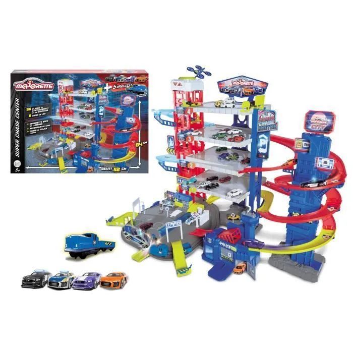 Garage Majorette Super Chase Center avec 4 voitures et 1 train - 5 étages - 112x70x84 cm-0