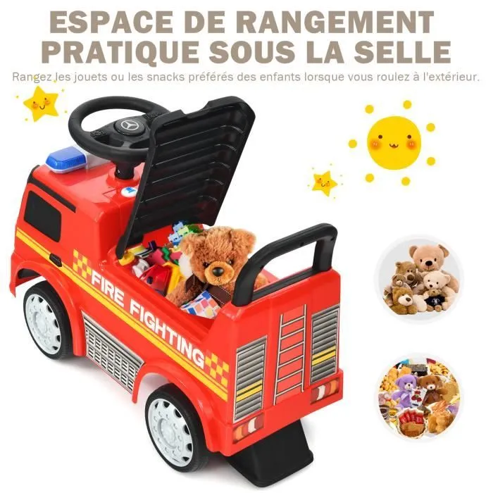 COSTWAY Porteur pour Enfants 12-36 Mois Voiture de Pompiers avec Espace de Rangement-Sonore et Lumineux - Rouge-3