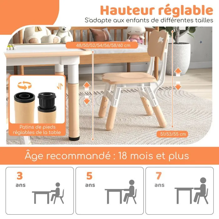 COSTWAY Table Enfant et 4 Chaises Réglables en Hauteur avec Plateau Graffiti, Pieds Antidérapants, pour Maison, Garderie, École-4