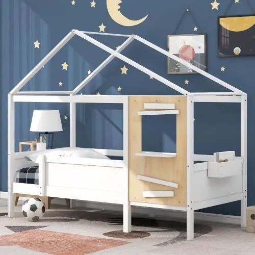 Lit enfant cabane avec fenêtre, avec petit coffre en bois, cadre en pin, panneau de protection en MDF, blanc (200x90cm)-0