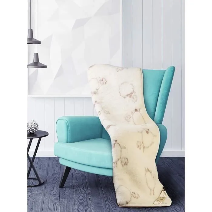 Grande couverture en laine, marron, douce, fête, Motif mouton heureux, 120x150 cm-1
