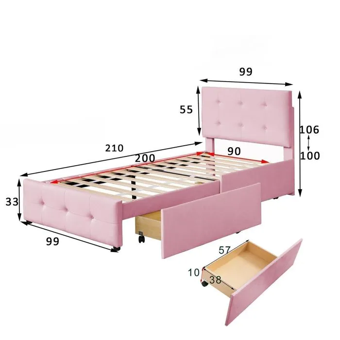 Lit capitonné - MODERNLUXE - 90x200cm - Velours rose - 2 tiroirs - Sommier à lattes-3