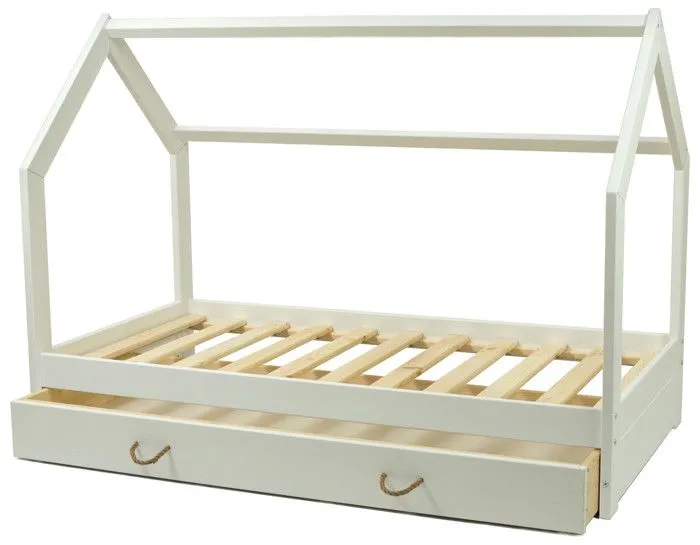 Lit Maison en bois naturel style scandinave avec Tiroir de Rangement (160x80cm) : Confort et Fonctionnalité Réunis - Blanc-1