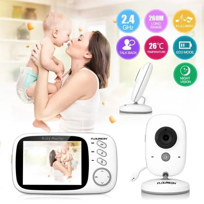 FLOUREON Écoute-bébé Numérique 3.2" Sans Fil 2.4 GHz LCD Sécurité Caméra Vision Nocturne EU-0