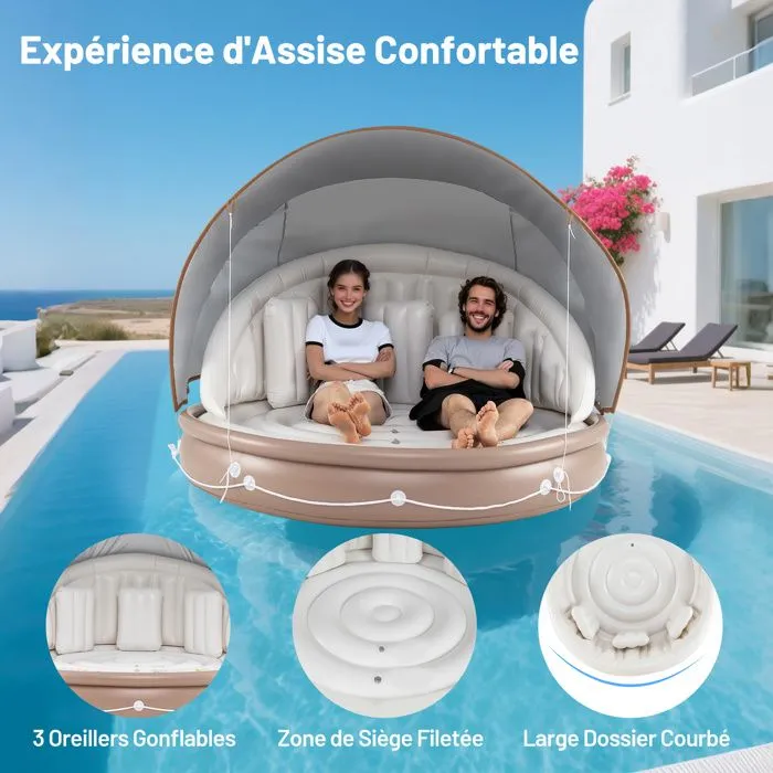COSTWAY Matelas Gonflable À Eau Flottante avec Auvent rétractable et amovible, 3 Oreillers, 186 x 186 x 155 cm, 180KG-5
