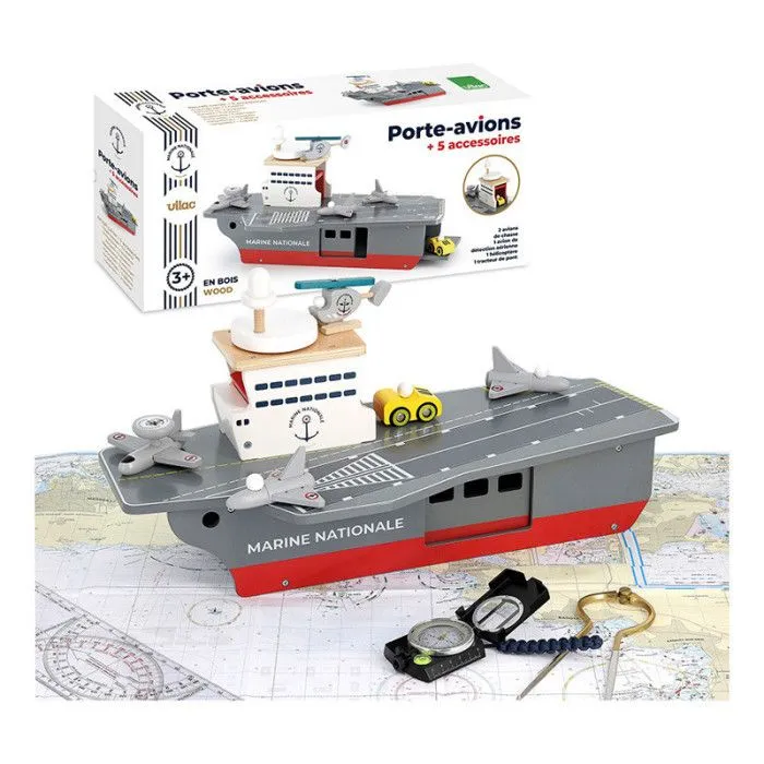 Porte-avions en bois + 5 accessoires - Marine nationale - l 54 x H 24 x P 29 cm-3