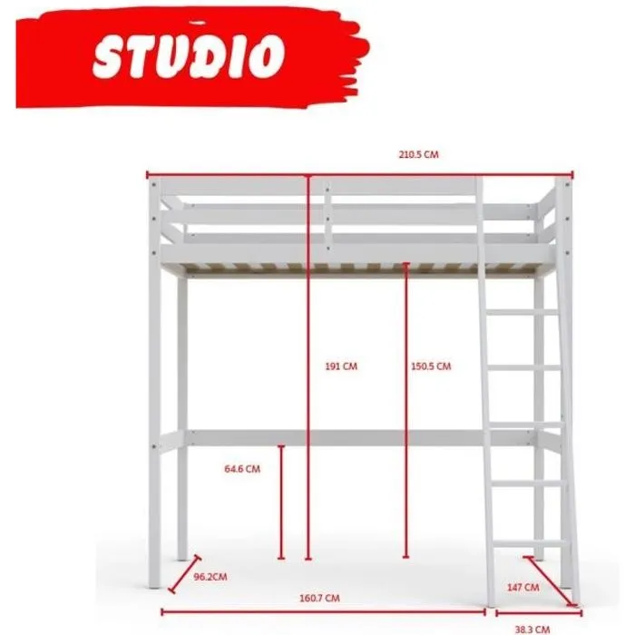 Lit mezzanine - LEQUAIDESAFFAIRES - STUDIO 90x200 - Épicéa massif - Blanc - Sommier à lattes inclus-0