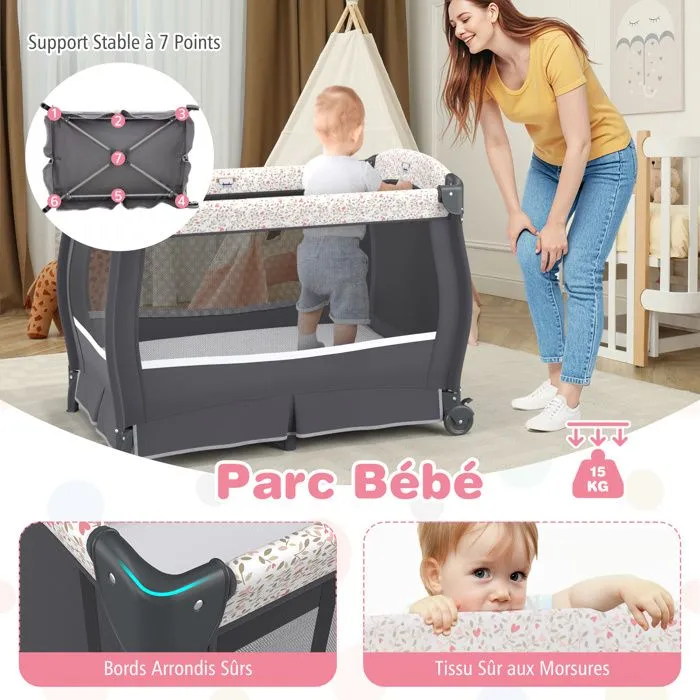 Lit Parapluie Bébé Pliant COSTWAY 4 en 1-avec Matelas,Boîte à Musique,Toit Réglable-Table à Langer Rabattable-3 Ans-Gris Fleuri-3