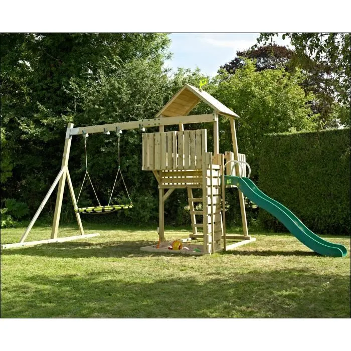 Aire De Jeux Bois Kingswood Tp Toys Tour / Echelle / Plateforme / Bac A Sable / Toboggan / Balancoire / Fauteuil Bebe H.306 Cm-0