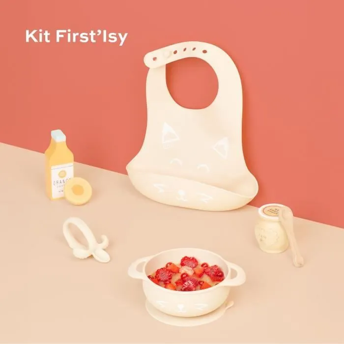 BABYMOOV Kit repas bébé FIRST'ISY bol antidérapant + cuillère ergonomique avec masseur de gencives + bavoir, 6-12 mois, renard-1