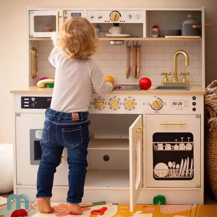 Cuisine Enfant Bois, Mamabrum, Éclairage LED, Cuisine Jouet Interactive XXL avec Micro-Ondes, Lave-Vaisselle, Machine à Café, Four-1