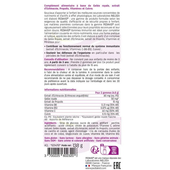 PEDIAKID - 60 Gommes Immunité - Formule Naturelle -Goût Framboise - Contribue au Fonctionnement Normal du Système Immunitaire-0