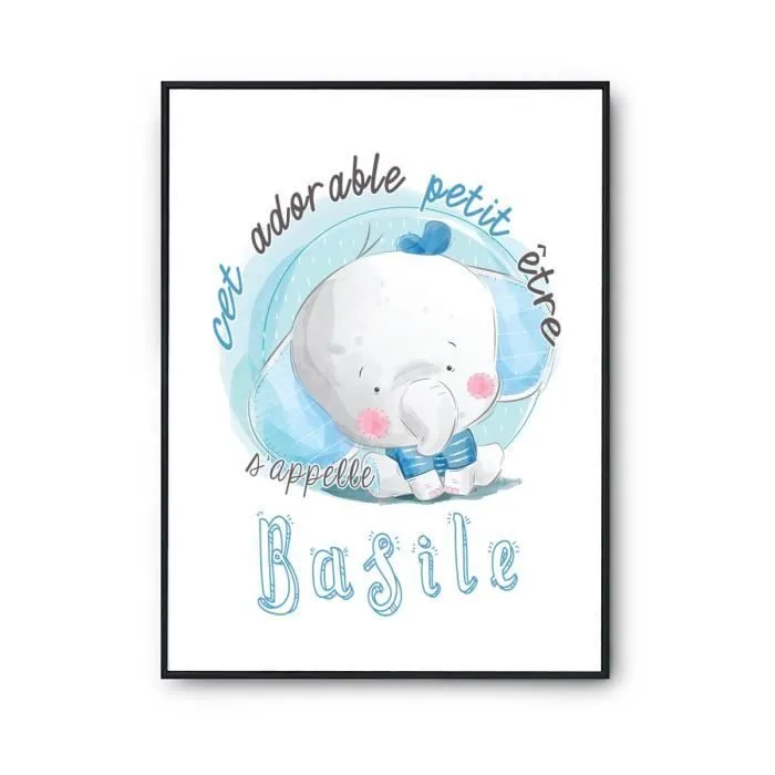 Affiche bébé prénom Basile Éléphant | Poster pour chambre bébé et enfant pour décoration murale qualité papier Premium A3-0