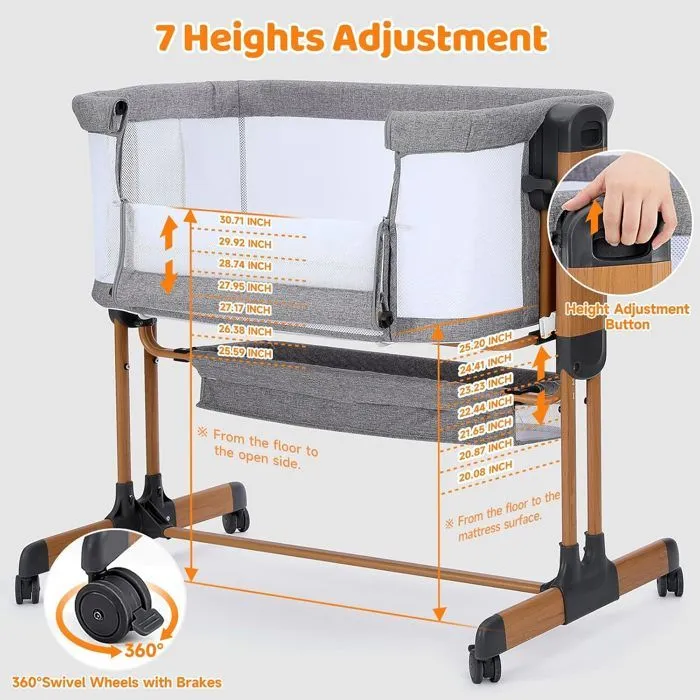 Lit Bébé 3 en 1, Couffin à Bascule, Berceau pour Nouveau-né pour la Maison et Les Voyages avec Roues Réglables en 7 Hauteurs, Gris-4