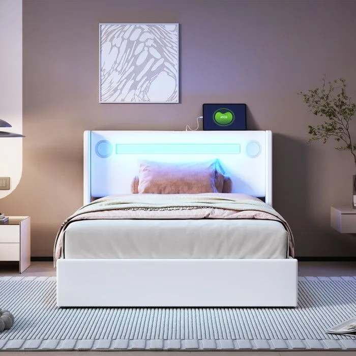 MODERNLUXE Lit coffre rembourré 90x200cm avec LED, lecteur Bluetooth - USB - sommier à lattes - en similicuir - Blanc-1