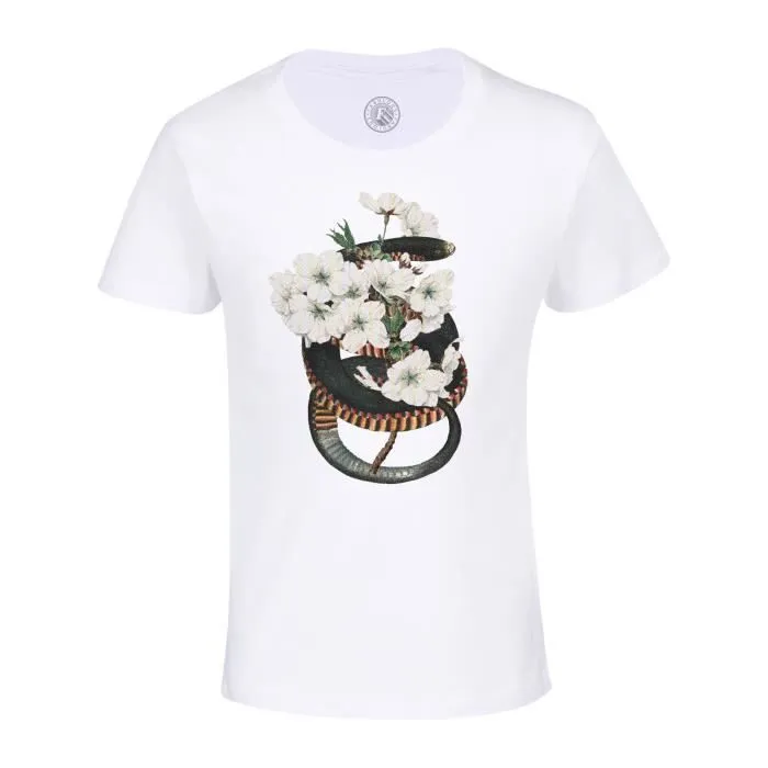 T-shirt Enfant Blanc Jasmin Serpent Botanique Collage Nature Fleurs Vintage Illustration Streetwear Zoomer-0