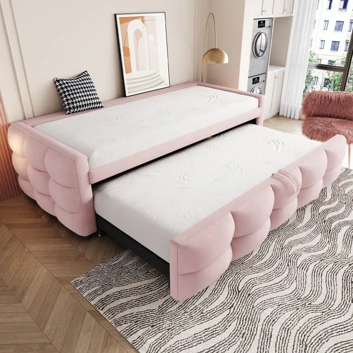 Lit gigogne - Non spécifié - 90/180x190cm - Tissu velours teddy - Rose - 2 places-1
