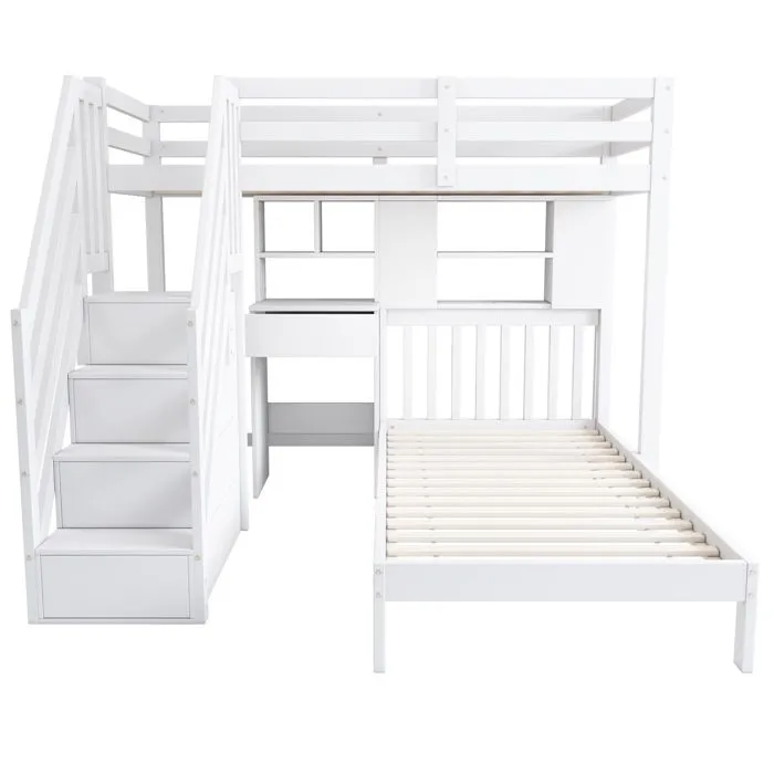 Lit superposé 90x200cm avec escalier de rangement, bureau et étagères, sommier à lattes, cadre en pin, blanc-2
