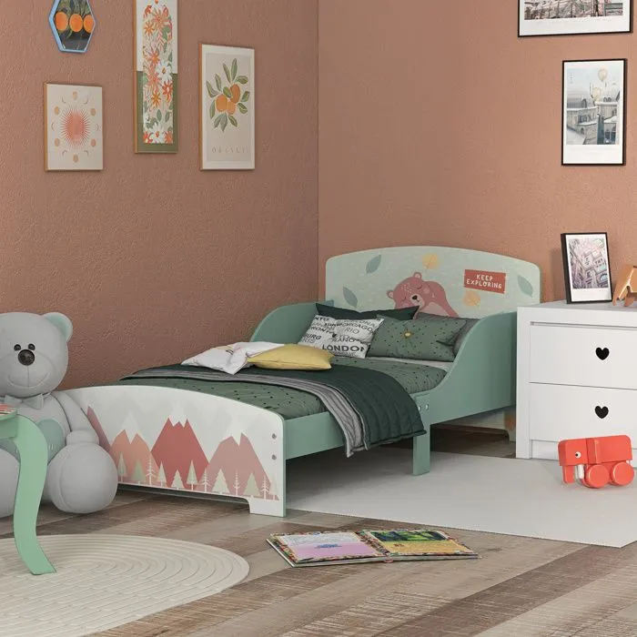 Lit pour enfant ZONEKIZ 3-6 ans avec barrières de sécurité et motifs dim. 77 x 143 x 60 cm sommier à lattes inclus - Vert-2
