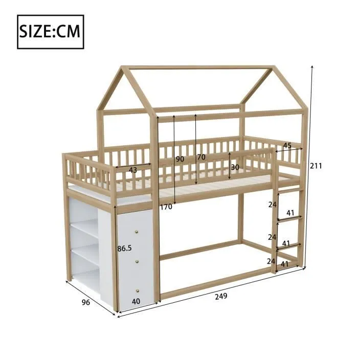 Lit superposé 90x200cm - lit cabane enfant avec 1x sommier à lattes, échelle et étagères de rangements - en bois massif, naturel-3