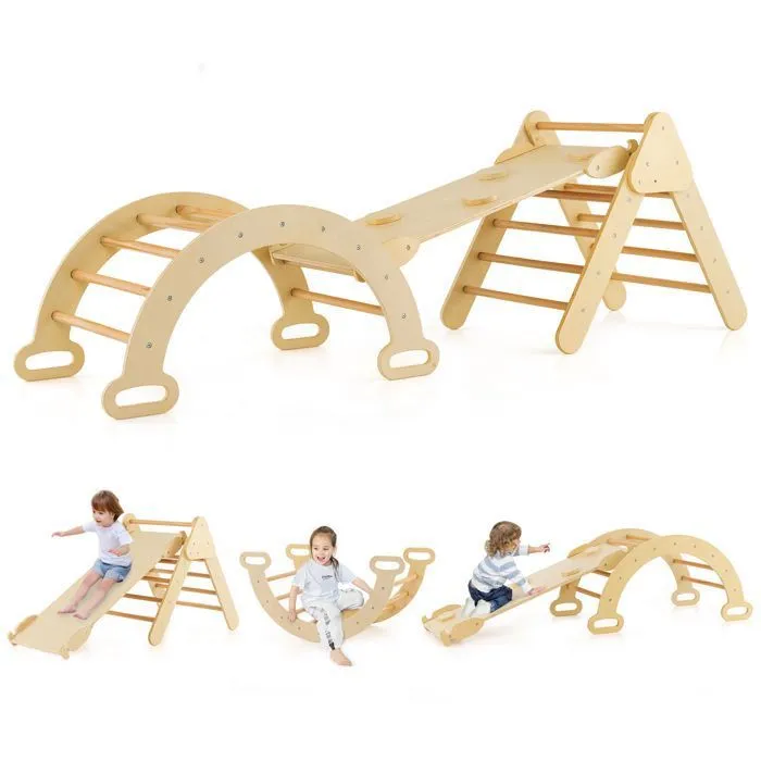 7 en 1 Triangle d'Escalade COSTWAY avec Toboggan/Arche/Rampe - Échelle Réglable, Charge 50KG, pour Bébé 1 Ans+ Naturel-0