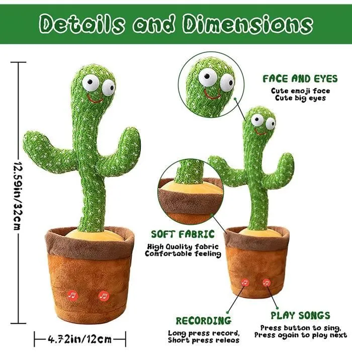 Cactus Qui Danse et Répète Francais,Le Cactus Qui Parle et Qui Danse,Talking Cactus Peluche Musical Bebe,Jouet Cactus Qui Repete-1