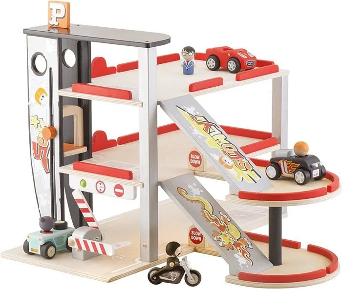 Garage à voitures SEVI - Parking en bois rouge 47 x 57 cm - Pour enfants à partir de 3 ans-2