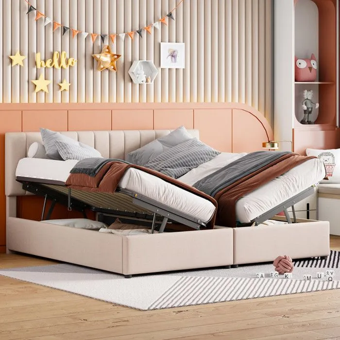MODERNLUXE Lit adulte 180x200 cm, lit de rangement, lit double multifonctionnel, sommier à lattes, beige-0