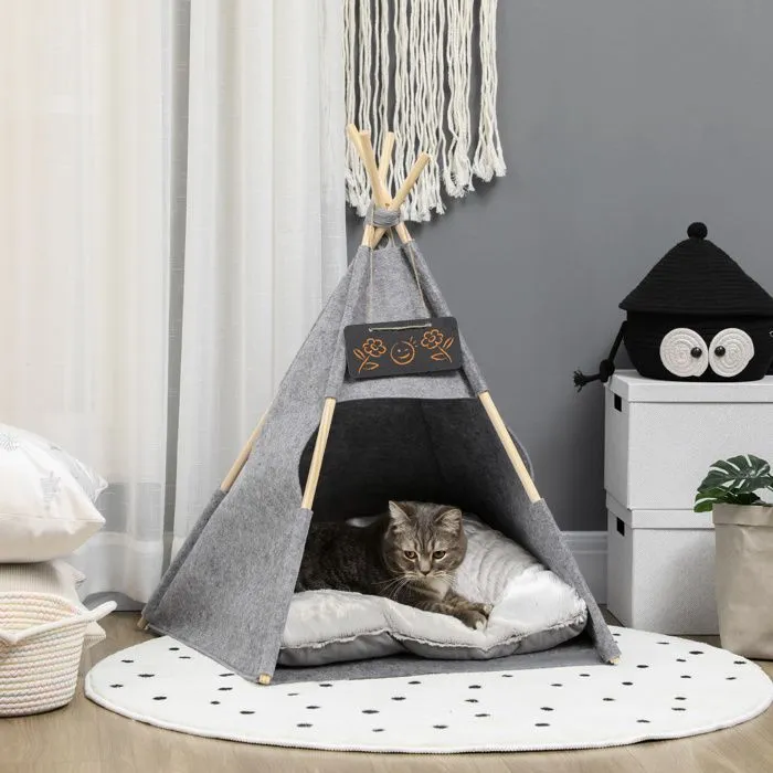 PawHut Tente tipi pour animaux - teepee chat ou chien - coussin épais grand confort inclus - structure bois de pin feutre peluche PV-2