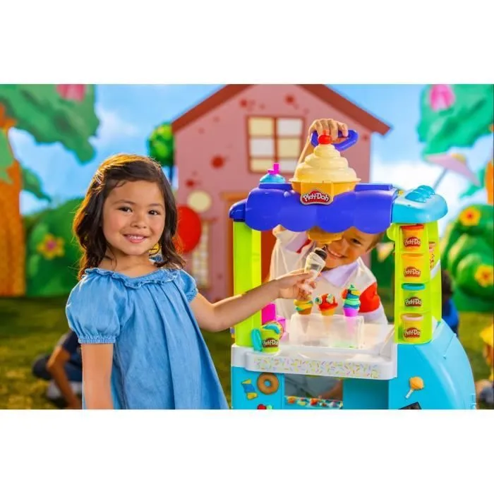 PlayDoh Camion de glace géant, Coffret Kitchen Creations, 27 accessoires, 12 pots de pâte à modeler, sons réalistes, dès 3 ans-5