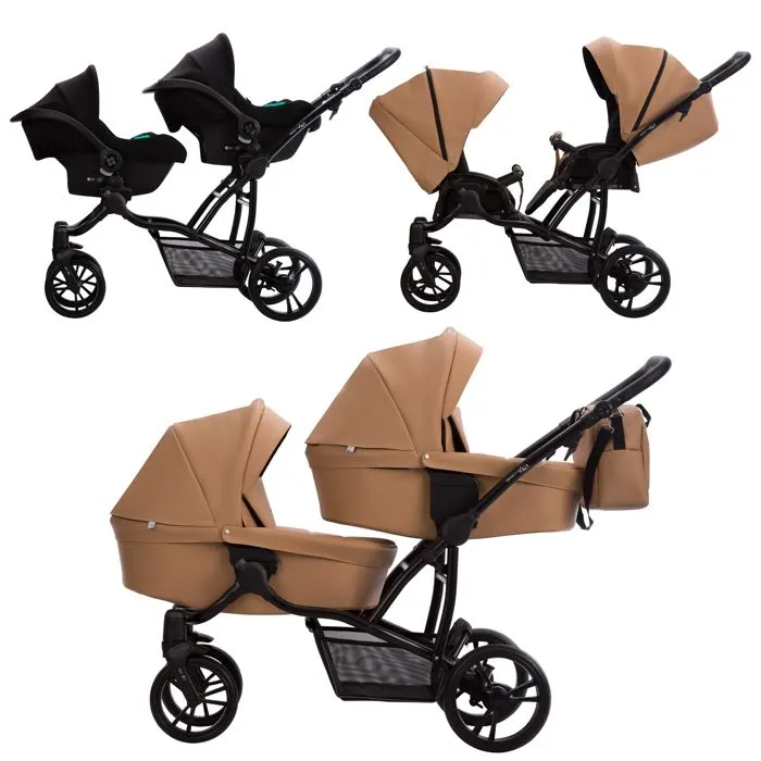 Bebeboutik Poussette combinee 3 en 1 pour jumeaux Bebetto42 PRO nouvelle version 2024 Camel 2 nacelles 2 hamacs 2 sieges auto i Size