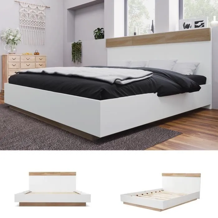 ModernLuxe Lit adulte 140x200cm - cadre en bois - sommier à lattes - style scandinave - chêne + blanc-0