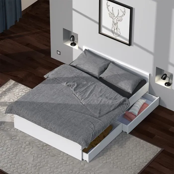 Lit double avec tiroirs - LEQUAIDESAFFAIRES - KAPPA - Blanc - A lattes - 140x190 cm-2