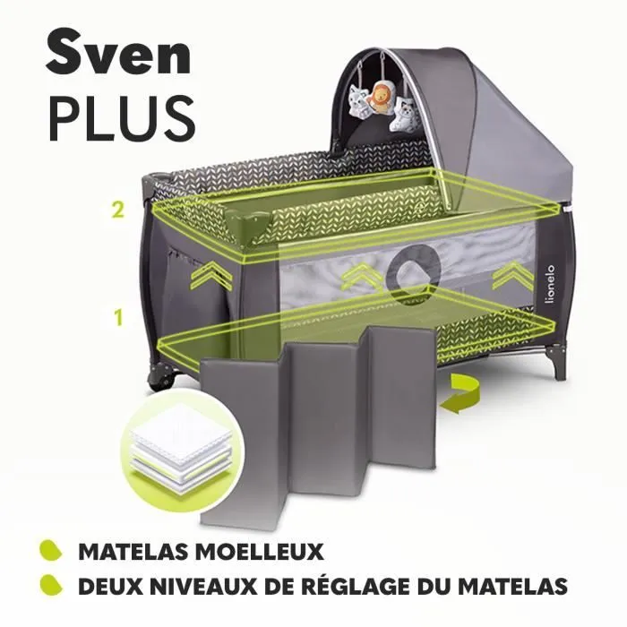 LIONELO Sven Plus - Lit parapluie bébé 2en1 - De 0 à 36 mois - Table à langer - Moustiquaire et accessoires - Gris-3